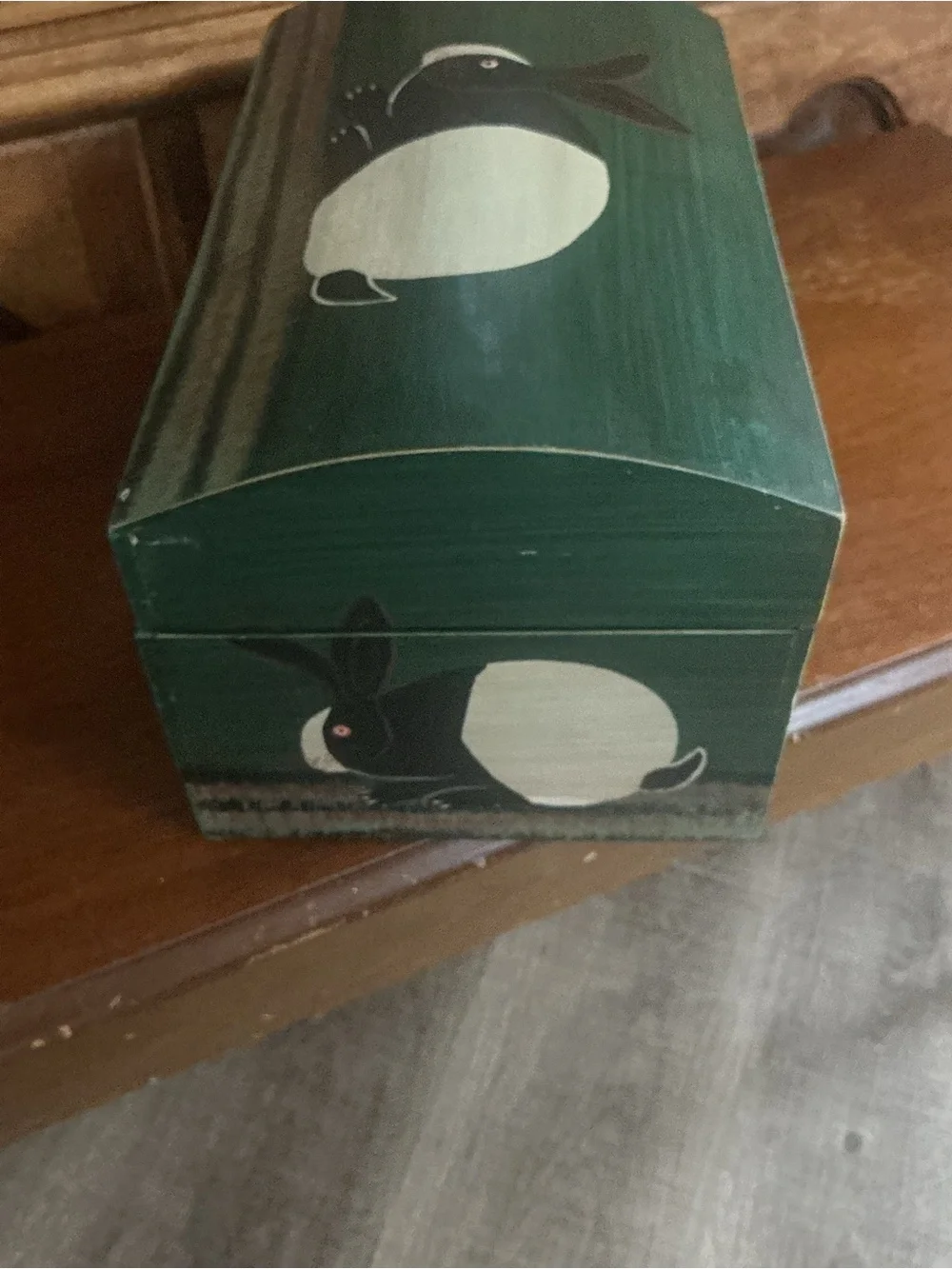 Vintage Warren Kimble Wooden Box Folk Art Green Trunk Bunny Rabbit Keepsake 12